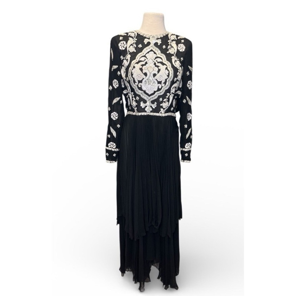 Mary McFadden Couture Dress Beaded Sequin Sheer Black White Evening Gown Formal